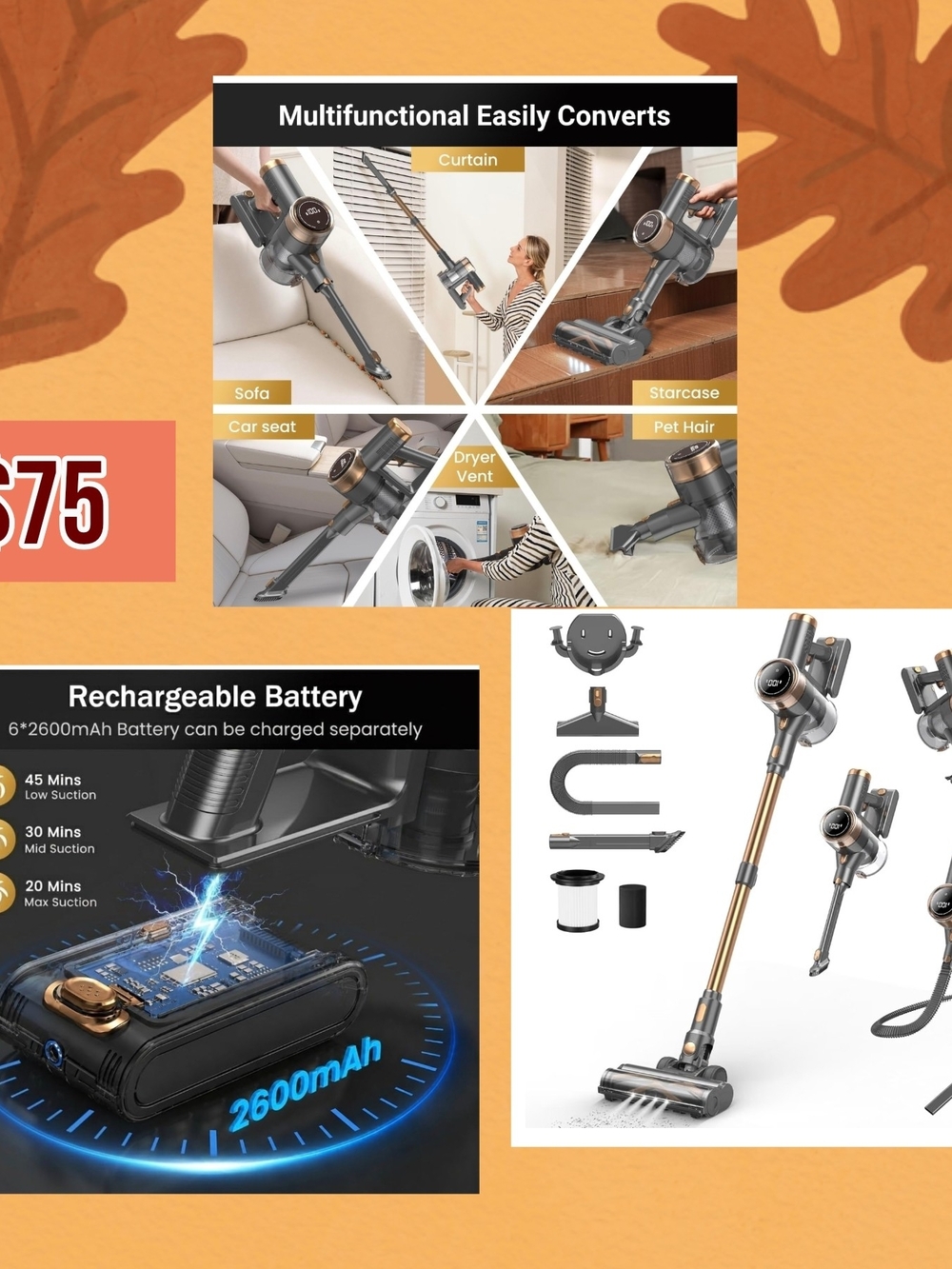 Cordless Stick Vacuum Cleaner - Metallic Gray & Gold